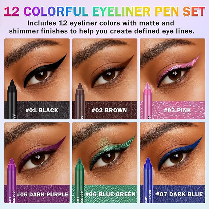 12PCS Colorful Eyeliner Pencils Set Black White Green Blue Brown Red Colored Gel Glitter Metallic Eyeliner Pencils Waterproof Long-Lasting Professional Eye Liner Makeup Kit