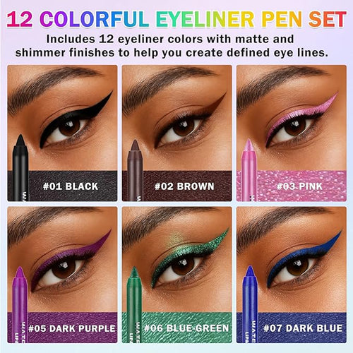 12PCS Colorful Eyeliner Pencils Set Black White Green Blue Brown Red Colored Gel Glitter Metallic Eyeliner Pencils Waterproof Long-Lasting Professional Eye Liner Makeup Kit