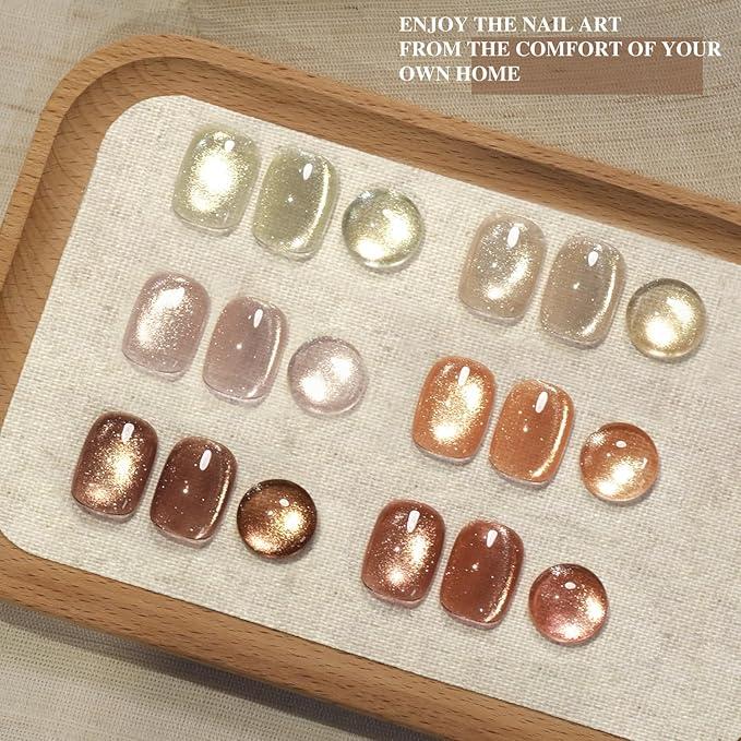 GAOY Glitter Cat Eye Gel Nail Polish Set with Magnet, Sliver, Brown, Pink, Coral Holographic Cat Eye, Salon Gel Manicure and Nail Art DIY at Home, Sunshine