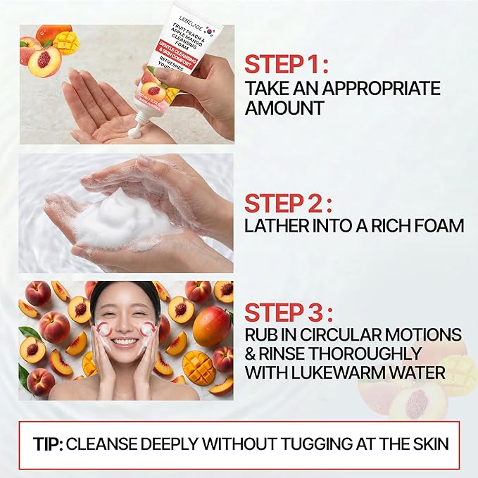 LEBELAGE Korean Peach&Apple&Mango Facial Cleanser 3.38 oz | Cleansing Foam Face Wash | Low pH Gentle Hydrating Daily Facial Cleanser Sensitive Skin | Deep Cleansing Foaming Cleanser, Pore Care