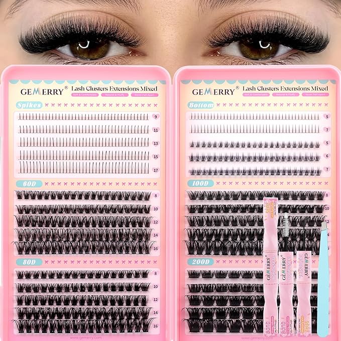 GEMERRY 4-in-1 Eyelash Extension Kit Spikes Clusters and 2 Styles Bottom Lashes 60D/80D/100D/200D Cluster Eyelash Extensions with Bond and Seal and Tweezers(8-16mm)