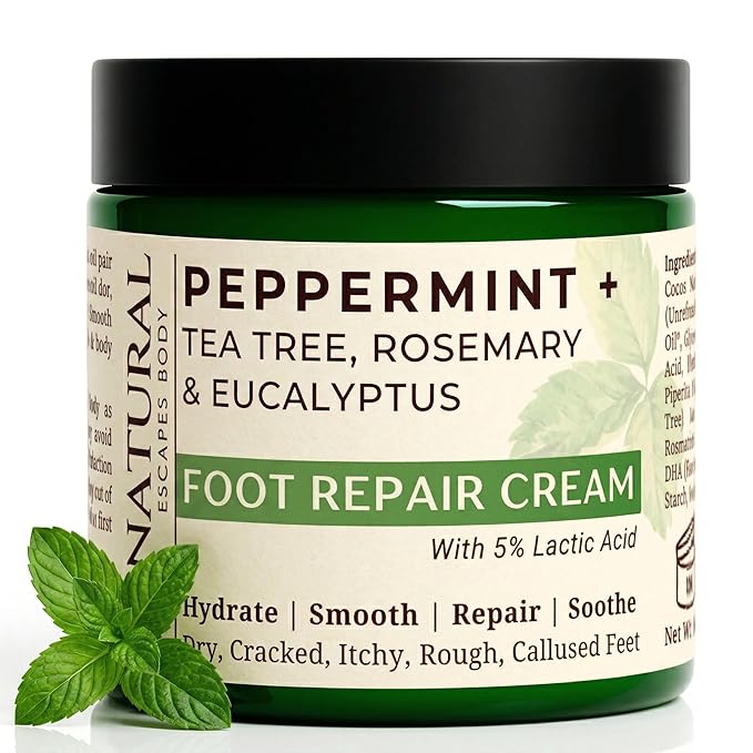 Peppermint Foot Cream for Cracked Heels & Dry Feet | Callus Remover with 5% Lactic Acid | Non-Greasy & Fast-Absorbing | Tea Tree, Eucalyptus & Rosemary Essential Oils | Natural Foot Moisturizer | 4 oz