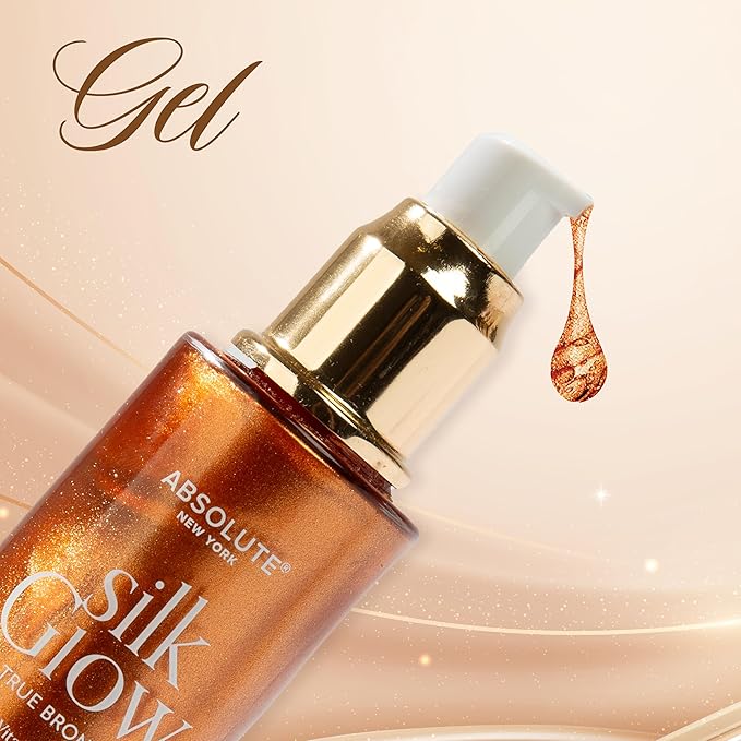 Absolute New York - Silk Glow Shimmer Mist Glow, Radiant, Shimmer Body & Face & Hair, Shea Butter, Coconut Oil, Vitamin E (SBGS06 True Bronze Oil Gel, 3.4 fl oz)