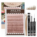JMS&JMS Brown Lash Clusters Kit, Wipsy Manga Lashes Clusters, Spikes Eyelash Clusters Natural Lashes Kit, C Curl Cluster Eyelash Extensions Kit with Invisible Band False Eyelashes Kit