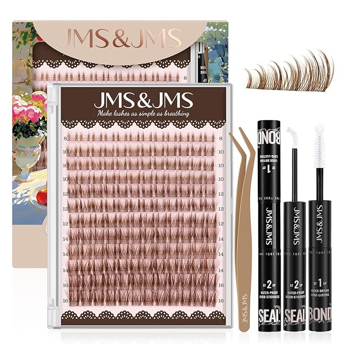 JMS&JMS Brown Lash Clusters Kit, Wipsy Manga Lashes Clusters, Spikes Eyelash Clusters Natural Lashes Kit, C Curl Cluster Eyelash Extensions Kit with Invisible Band False Eyelashes Kit