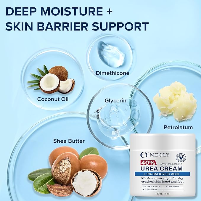 MEOLY 40% Urea Cream for Foot: Urea cream maximum strength with 2% Salicylic Acid for dry cracked skin hand and foot 2 oz