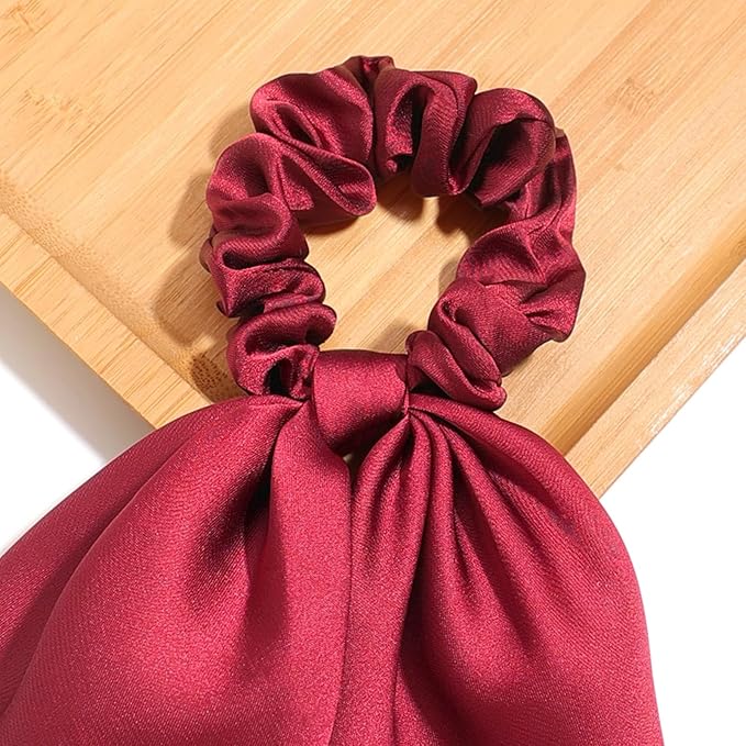 Pack of 2 Knotted Bow Hair Scrunchies Elastic Hair Scarf Hair Ties Bands Satin Hair Ribbon Scrunchy Red Ponytail Holder for Women and Girls, Hair Scarf Scrunchies, Hair Accessories (Burgundy)