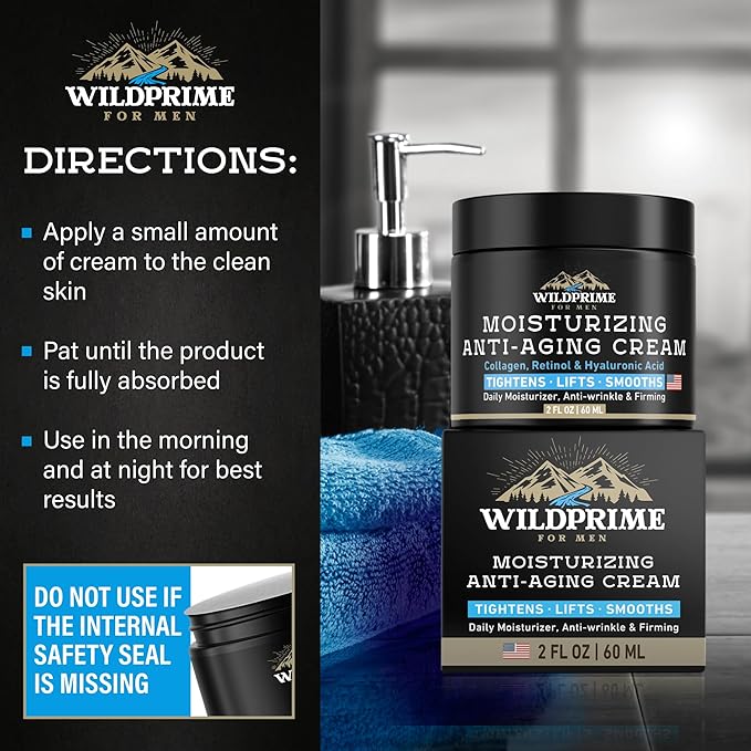 Men's Face Moisturizer Cream - Anti Aging & Wrinkle - Men's Shave Lotion - Made in USA - Collagen, Hyaluronic Acid, Vitamins E & A, Avocado Oil - Age Facial Skin Care, Day & Night Moisturizing, 2 oz