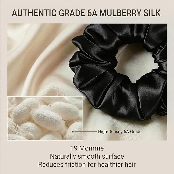 ZLYC 100% Mulberry Silk Hair Tie Scrunchie 19 Momme Gentle Creaseless Dent-Free Ponytail Holder for Women, 6cm Solid Black