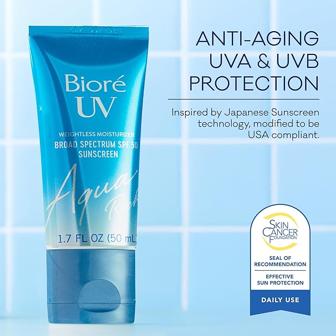 Biore UV Aqua Rich SPF 50 Moisturizing Sunscreen for Face, Oxybenzone & Octinoxate Free, Dermatologist Tested, Vegan, Cruelty Free, For Sensitive Skin, 1.7 Oz, Pack of 3,White