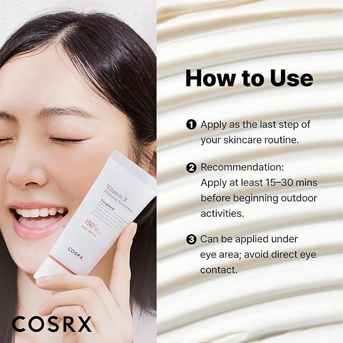 COSRX Vitamin E Vitalizing Sunscreen SPF 50, Natural Glow Face Sunscreen, Lightweight, Non-Sticky, No White Cast, Hydrating, Beach Essentials, Summer Travel Essentials, Korean Skincare,1.69 fl oz