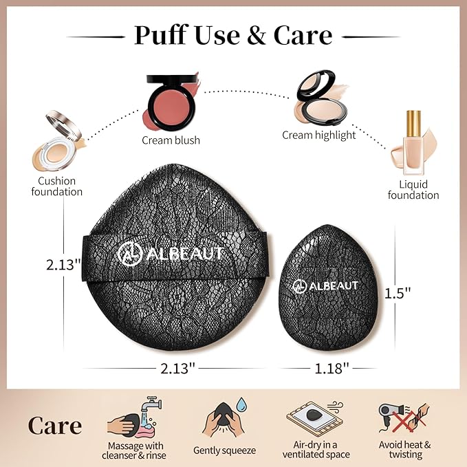 Albeaut Air Puff 3PCS, Liquid Foundation Puff for Cushion Foundation Replacement, Mini Teardrop Puff for Precision Concealer/Blush/Highlighter