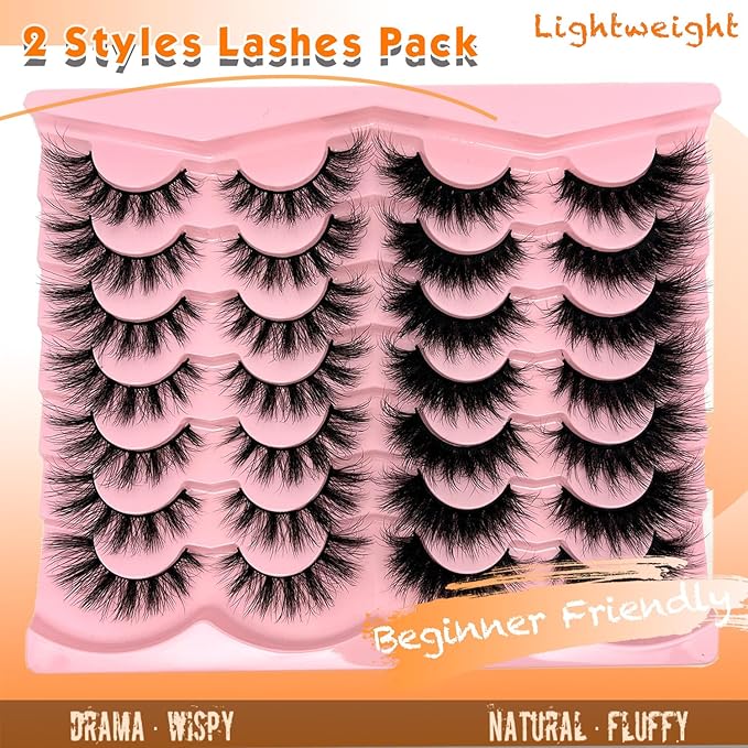 loladook Fluffy Lashes Mink Natural Look Faux Mink Wispy Strip Lashes Cat Eye C Curl Fake Eyelashes Book 3D Volume Flase Eyelashes Pack 2 Styles