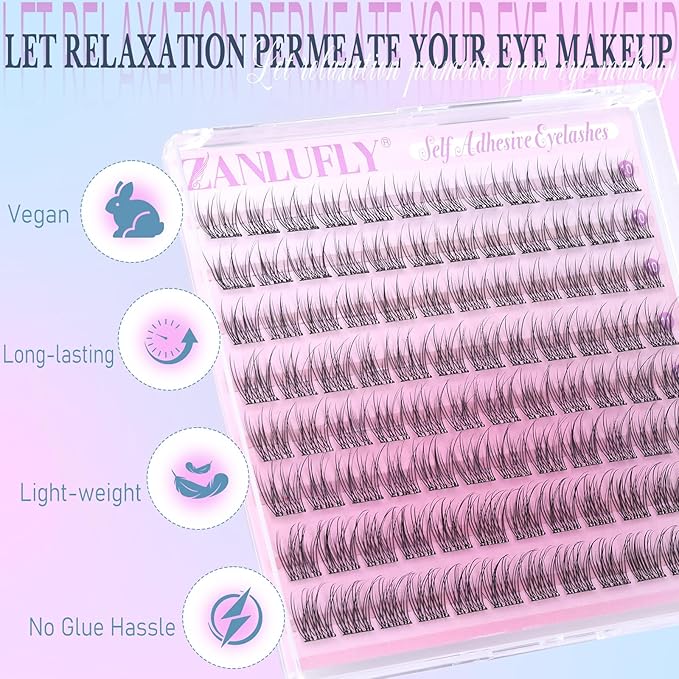 Self Adhesive Lash Clusters Natural Self Adhesive Eyelashes 10-12mm Short Lash Clusters No Glue Needed DIY Pre-glued Eyelash Clusters Wispy Press on Lashes by ZANLUFLY