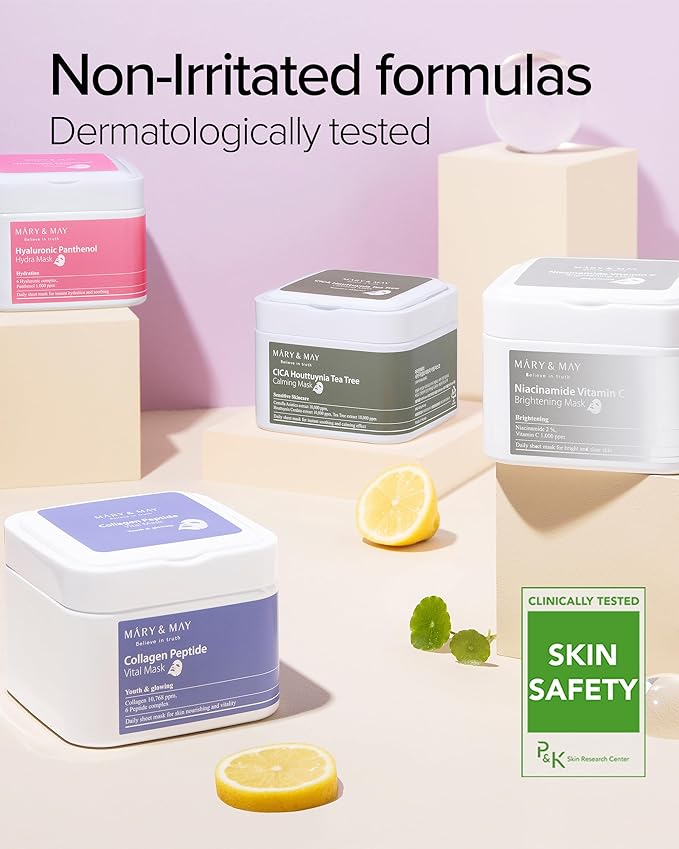Mary&May Collagen Peptide Vital Mask (30 Sheets) – Pull-Out Case with Hydrolyzed Collagen & 6 Peptides, Firming & Fine Line Appearance Care, Hydrating Korean Sheet Mask for Mature Skin