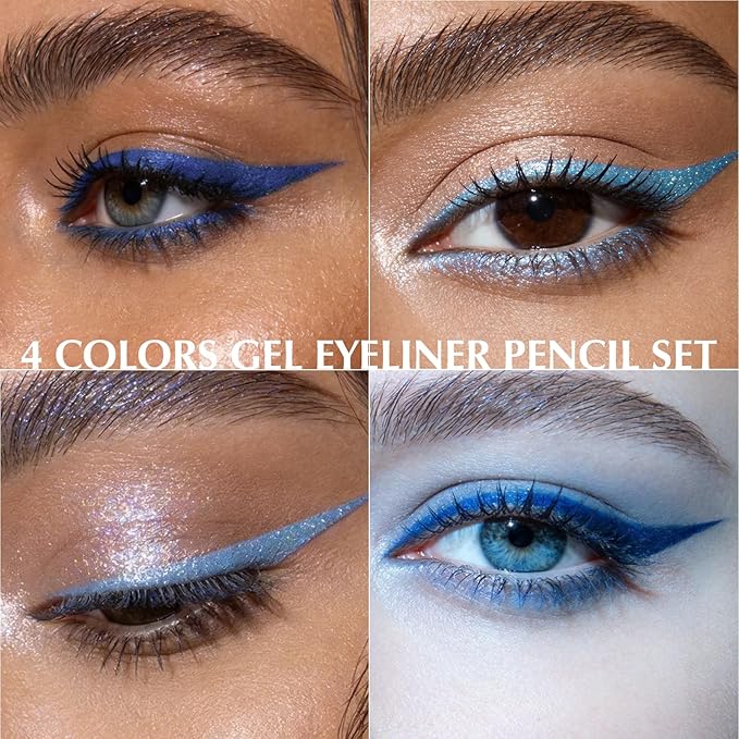 4Pcs Blue Eyeliner Pencil, Sharpenable Gel Eye Liner Pen Waterproof Smudge proof, Matte Glitter Waterline Eyeliner Set for Older Women Smooth Cream Eyeshadow Stick Highly Pigmented Eye Makeup