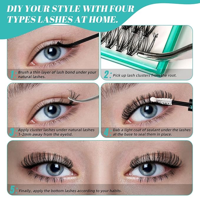 Lash Extension Kit Individual Lash Clusters Kit Bottom Lashes,Fishtail Fan,20D Spike Fan,30D Clusters,Lash Bond and Seal Eyelash Remover and Lash Tweezer DIY at Home by AMZGlRL(D-Mix5-16mm kit)