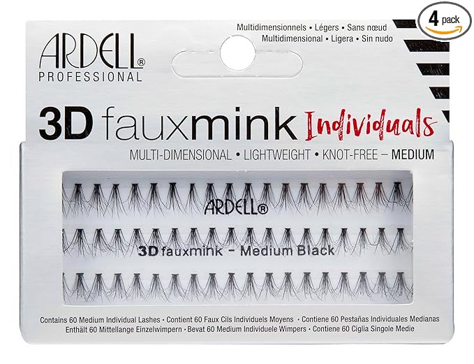 Ardell 3D Faux Mink Individual Lashes – Medium Black, Knot-Free Cluster Lashes, Customizable Eyelash Extension Kit, 4 Pack