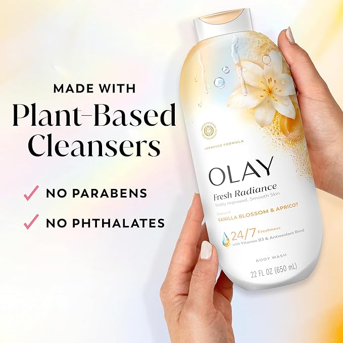 Olay Body Wash for Women, Fresh Radiance, 24/7 Skin-Loving Freshness, Visibly Radiant, Plant Based Cleansers, Vitamin B3 & Antioxidant Blend, All Skin Types, Vanilla Blossom & Apricot Scent, 22 fl oz