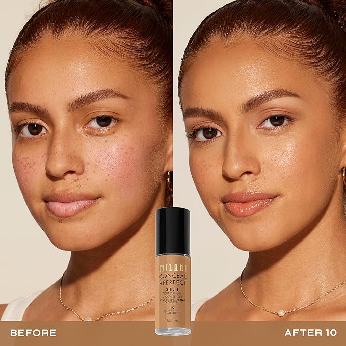 Milani Conceal + Perfect 2-in-1 Foundation + Concealer for a Flawless Complexion, Under Eye Corrector, Cover Redness and Imperfections, Waterproof and Sweatproof - 10-Golden Tan