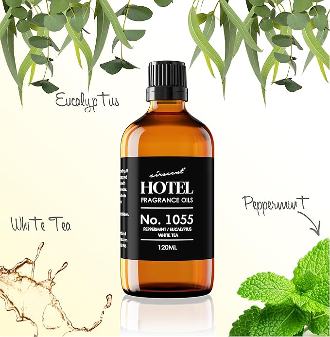 AirScent Hotel Diffuser Oil No. 1055 Inspired by Energize Hotel Scent - Peppermint Eucalyptus White Tea - Fragrance Oil Blend for Ultrasonic and Waterless Diffusers and Crafting - 10 mL