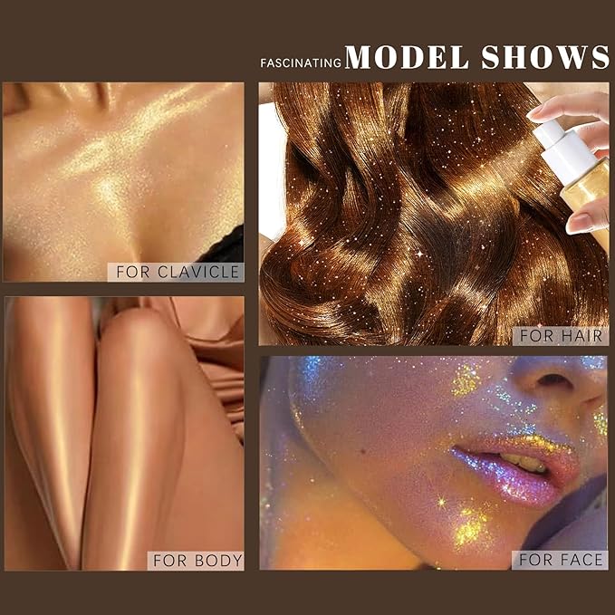 HOSAILY Body Glitter Spray, Holographic Body Shimmer Quick-Drying and Non-Sticky Duochrome Glitter Hairspray for Face Clothes, Sparkle Highlighter Makeup Festival Rave Accessories, Gold