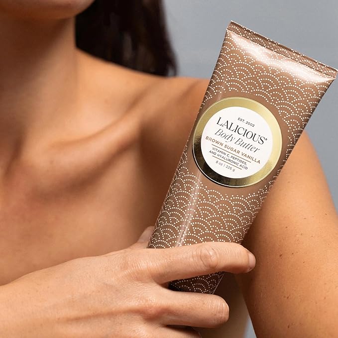 LaLicious Brown Sugar Vanilla Whipped Body Butter 8oz | Ultra-Hydrating Shea Butter Cream with Hyaluronic Acid, Vitamin C & Peptides | Deep Moisturizing Lotion for Dry Skin | Firming & Skin-Softening