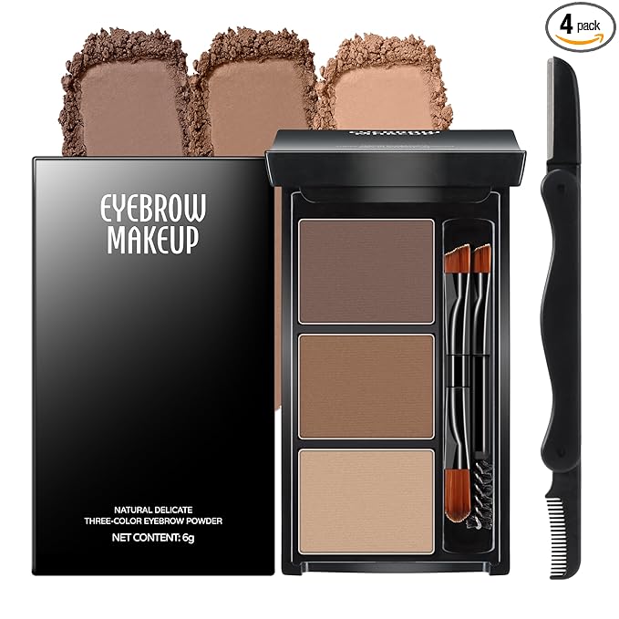 HOSAILY 3 Colors Eyebrow Powder Professional Makeup Kit, Waterproof Long Lasting Brow Contour Palette with Mini Brow Brush&Razor Set, Light&Medium&Dark Brown Brow Filler Sculpt Brow Powder for Women