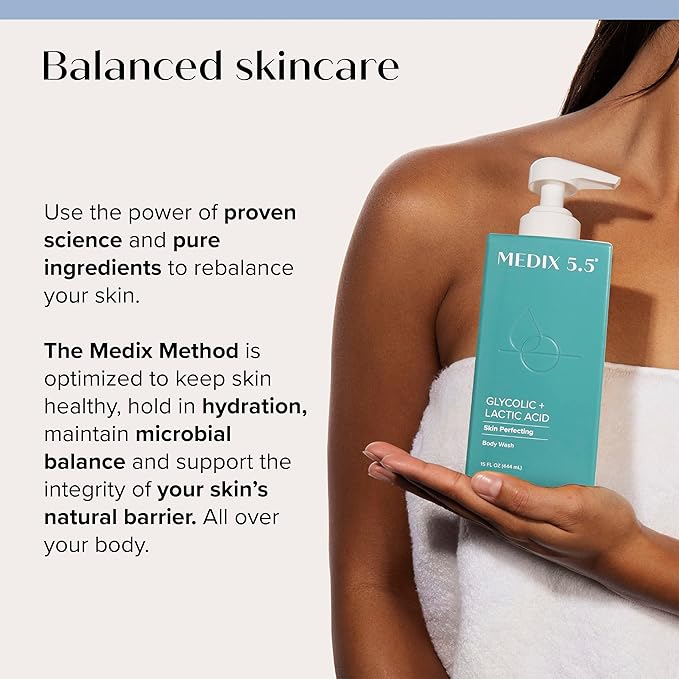 MEDIX 5.5 Glycolic Acid + Lactic Acid Exfoliating Body Wash Gel | KP Bump Eraser | AHA Exfoliant Skin Care Body Cleanser | Keratosis Pilaris & Acne | Anti Aging AHA Foaming Body & Face Wash, 15 Fl Oz