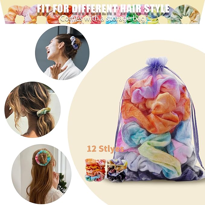 12 Pcs Scrunchies for Women, Tie Dye Velvet Scrunchies for Hair, Soft Elastic Hair Bands for Girls, Rainbow Colorful Ponytail Holder for Teens Favors(Rainbow Tie-Dye)