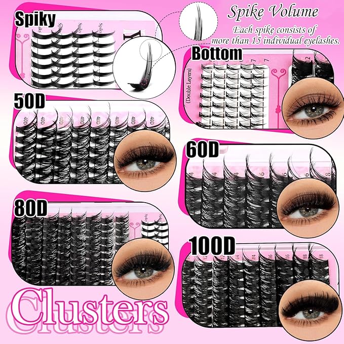 YIDUO Lash Clusters Kit with Spikes+Bottom Lashes Extensions 40D+60D+80D+100D Wispy Individual Cluster Eyelash Kit 600pcs Eyelash Cluster Extensions with Lash Bond and Seal Tweezers Remover