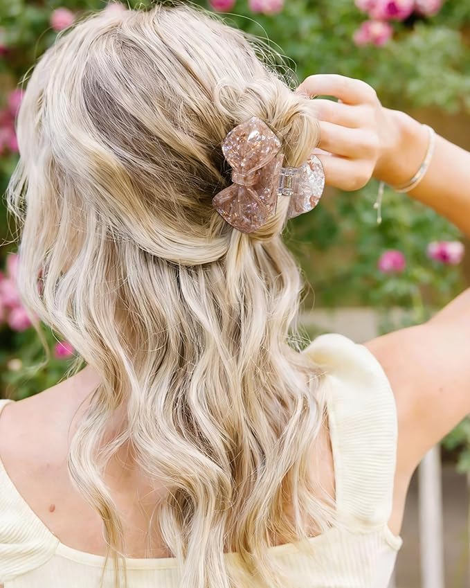 ACECHA Cute Bow Claw Clip - 3.1 Inch Sparkly Hair Claw Clips for Women, Non-slip Hairclips for Thin and Thick, Elegant Hair Accessories for Wedding Prom Party (Brown)