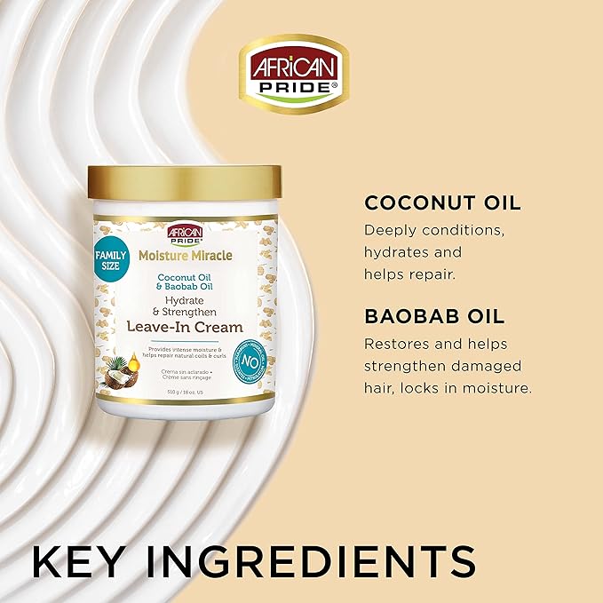 African Pride Moisture Miracle Leave-In Cream with Baobab Oil & Coconut Oil for Coily & Curly Hair, Adds Moisture, Helps Repair & Strengthen, 18 oz