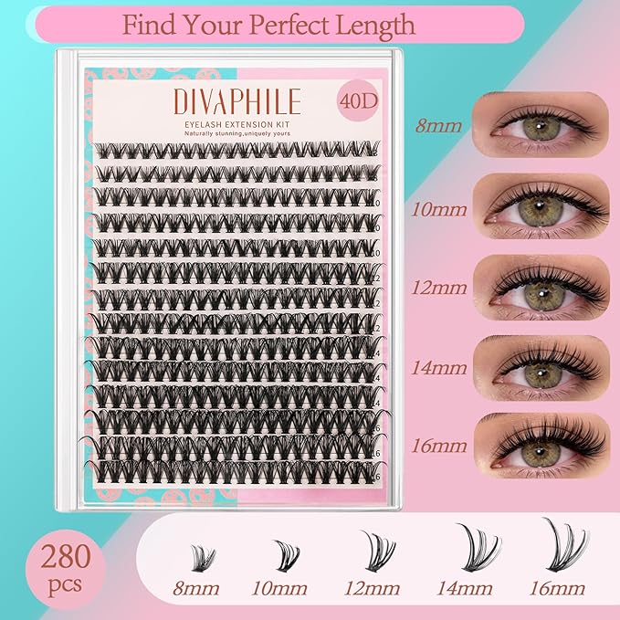 Lash Extension Kit DIY 280pcs Individual Lash Clusters Eyelash Extension Kit, 8-16mm False Eyelash Clusters with Lash Bond and Seal, Lash Tweezers for Self Application (40D Kit)