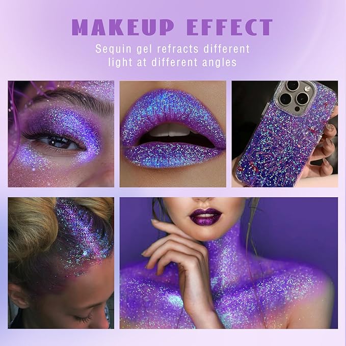 HOSAILY Roll-on Holographic Body Glitter Gel for Face Hair, Chameleon Color Changing Glitter Gel Under Light, Chunky Mermaid Sequins Festival Party Rave Accessories Shimmer Makeup (Purple)