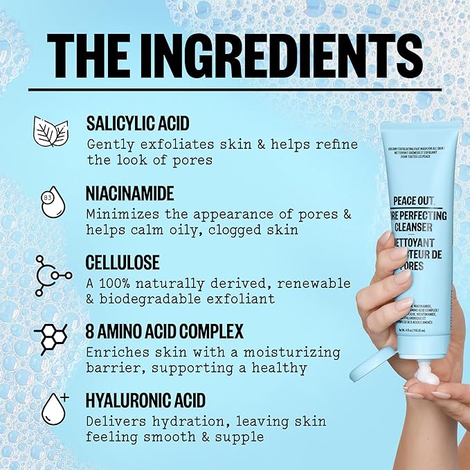 PEACE OUT Pore Perfecting Facial Cleanser, Daily Exfoliating Face Wash with Salicylic Acid, Niacinamide and Hyaluronic Acid to Help Unclog Pores and Improve Skin Texture (4 fl oz)