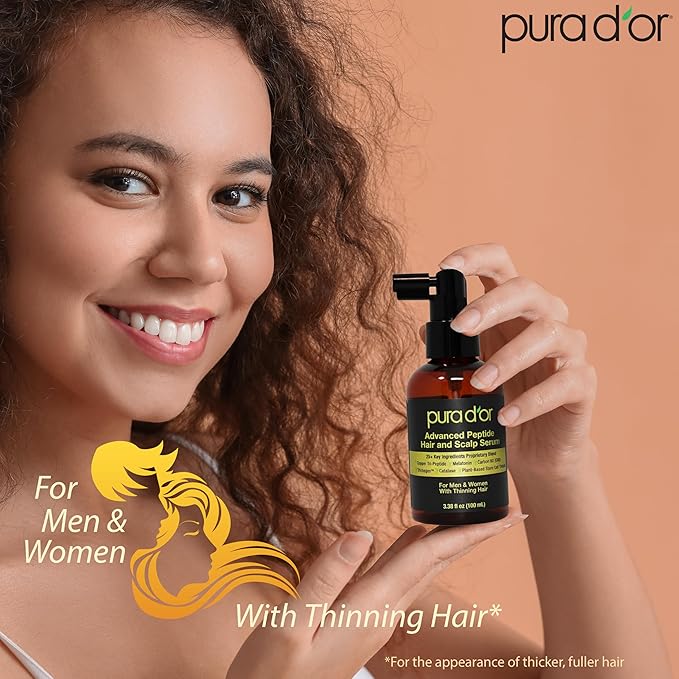PURA D'OR Advanced Hair & Scalp Serum 3.38 oz – For Hair Thinning with Copper Tri-Peptide, Caffeine, Botanical Extract Blend, Fuller Appearance Strands – Vegan, Cruelty-Free Formula for Men & Women
