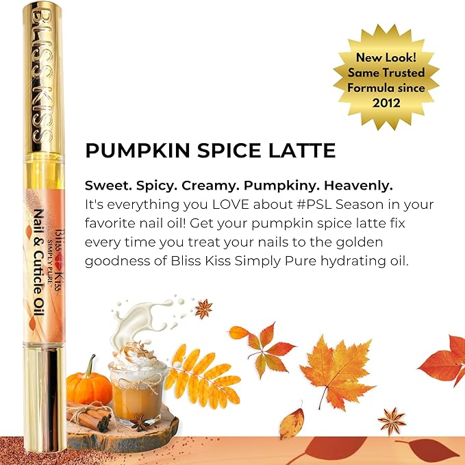 Bliss Kiss | 4 Pumpkin Spice Latte Scent Nail | Oil Cuticle Pen w/Vitamin E & Jojoba⏤Nail Strengthener Nail Growth Serum for Brittle Peeling Breaking Thin Nails