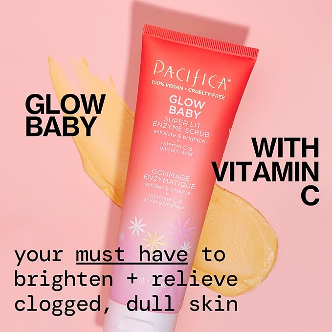Pacifica Glow Baby Exfoliating Face Scrub, Brightening Enzyme Facial Cleanser w/Vitamin C & Glycolic Acid for Radiant Smooth Skin, Unclogs Pores & Removes Dead Skin, Microbead-Free Vegan (4 fl oz)