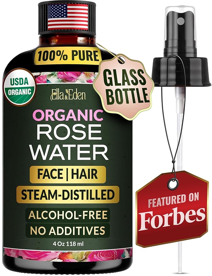 Ella & Eden Organic Rose Water Spray for Face, Hair - Hydrating, Refreshing Face Mist - USDA Certified 100% Pure Steam Distilled Hexane-Free - 4 Fl Oz