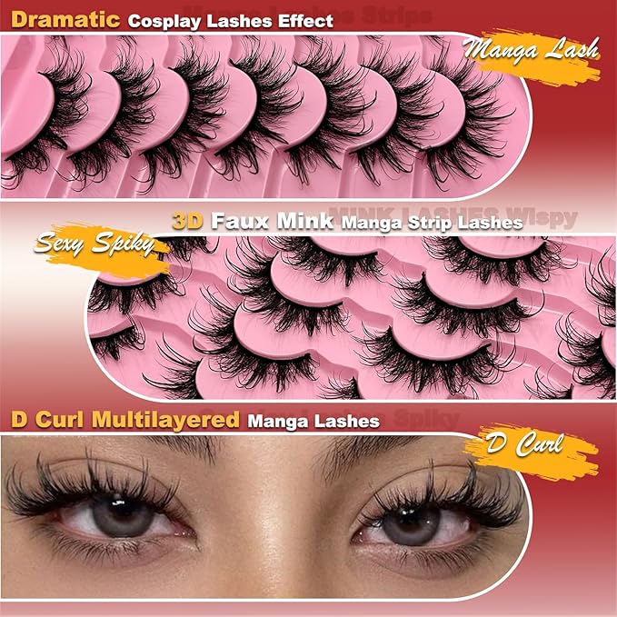 Wispy Lashes Wet Look 3D Cosplay Anime Cat Eye Manga Lashes D Curl Fake Strip Eyelashes Pack
