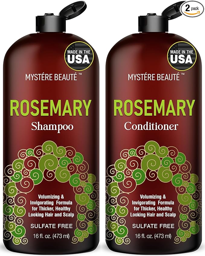MYSTÉRE BEAUTÉ Rosemary Shampoo and Conditioner Set for Hair Growth - 16 oz Each - Sulfate Free with Biotin, Keratin & Argan Oil - Strengthens, Thickens & Reduces Thinning for Men and Women
