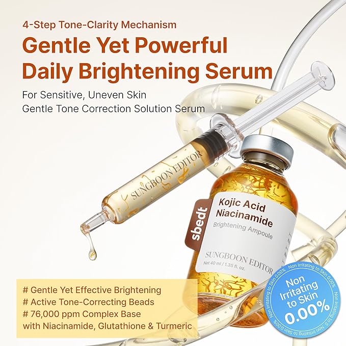 SUNGBOON EDITOR Glow Intensive Kojic Acid Ampoule, Radiance-Boosting Serum for Face with Kojic Acid, Turmeric & PHA l For Uneven Skin Tone & Dark Spot Care l Korean Skincare Serum, 1.35 fl oz