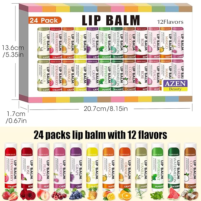 AZEN 24 Pack Lip Balm Bulk, Moisturizing Lip Balms for dry cracked lips, Mothers Day Gifts Easter Basket Stuffers - 12 Flavors