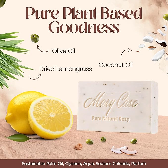 Mary Case Lemon Bar Soap Set of 4 | Natural Soap with Olive & Coconut Oils + Dried Lemongrass | Vegan Bath Soap for Men & Women | Balancing Oily Skin & Boosting Skin Vitality