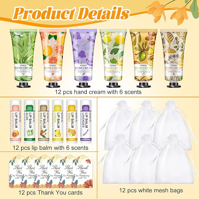 KONEUK 12 Pack Bulk Hand Cream and Lip Balm Set for Women, Mothers Day Gifts, Teacher Appreciation Gifts, Nurse Gifts, Bridal Shower Favors, Wedding Shower Favors and Bulk Gifts for Guests