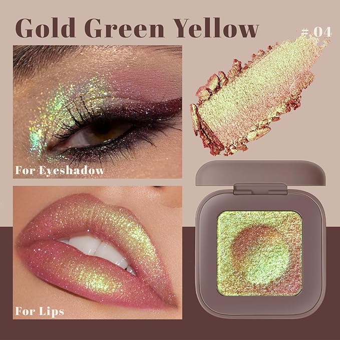 Noerrors Holographic Duochrome Gold Green Glitter Eyeshadow Palette, Chameleon Rich Color Shimmer Metallic Eye Shadow, Multichrome Color Shift Sparkle Iridescent Eye Brightener Makeup for Rave#04