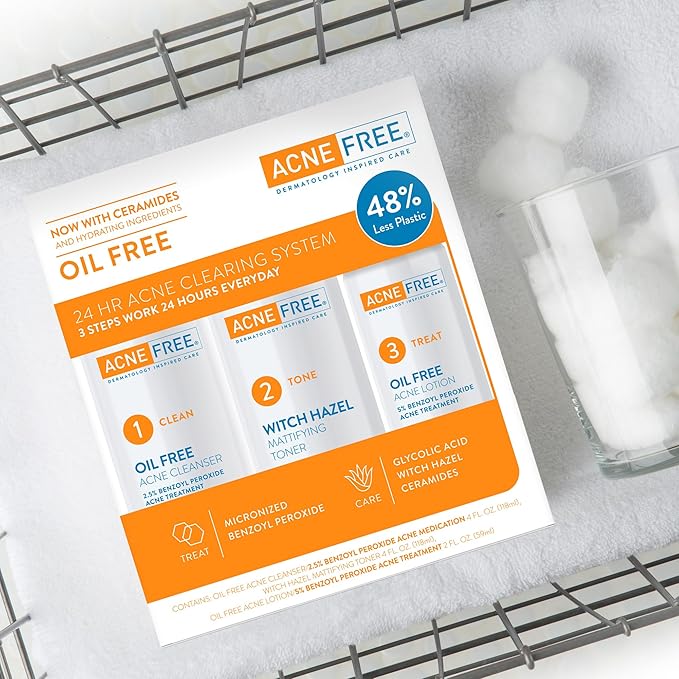 Acne Free 3 Step 24 Hour Acne Treatment Kit - Clearing System W Oil Free Acne Cleanser, Witch Hazel Toner, & Oil Free Acne Lotion - Acne Solution W/ Benzoyl Peroxide for Teens and Adults - Original