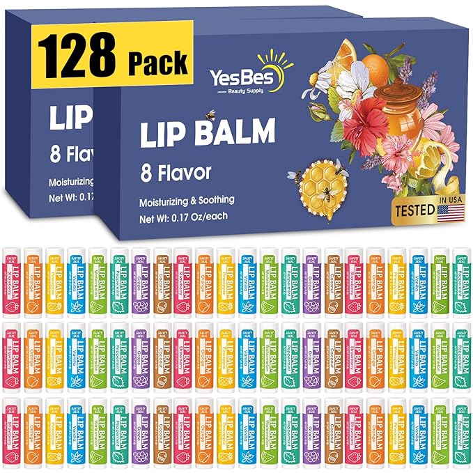 YesBes 128 Pack Lip Balm, Natural Lip Balm Bulk with Vitamin E and Coconut Oil, Moisturizing Lip Balms for Dry Cracked Lips, Lip Balms for Mothers Day Gifts Stocking Stuffers - 8 Flavors