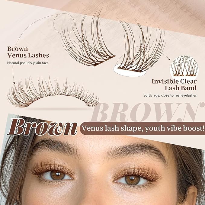 JMS&JMS Brown Venus Lash Clusters Kit, Velour Lash Clusters Wispy Natural Invisible Band Lash Extension Kit with Waterproof White Glue DIY at Home(Brown-Venus-C-8-18MIX)